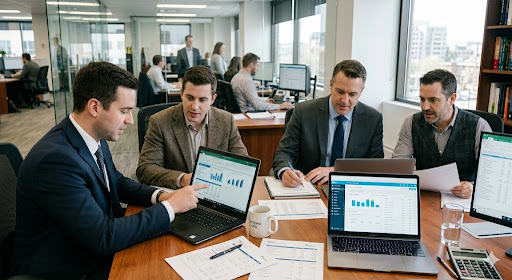 Business team reviewing financial reports